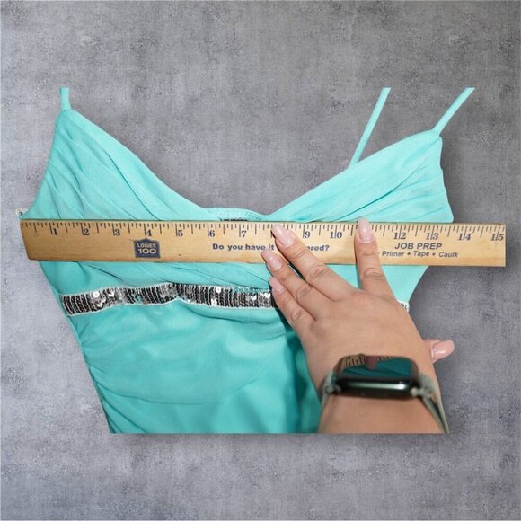 My Michelle Aqua Blue Slip Dress - Size M - Sequin Trim, Ruched Mesh, Ruffle Hem - Picture 15 of 16